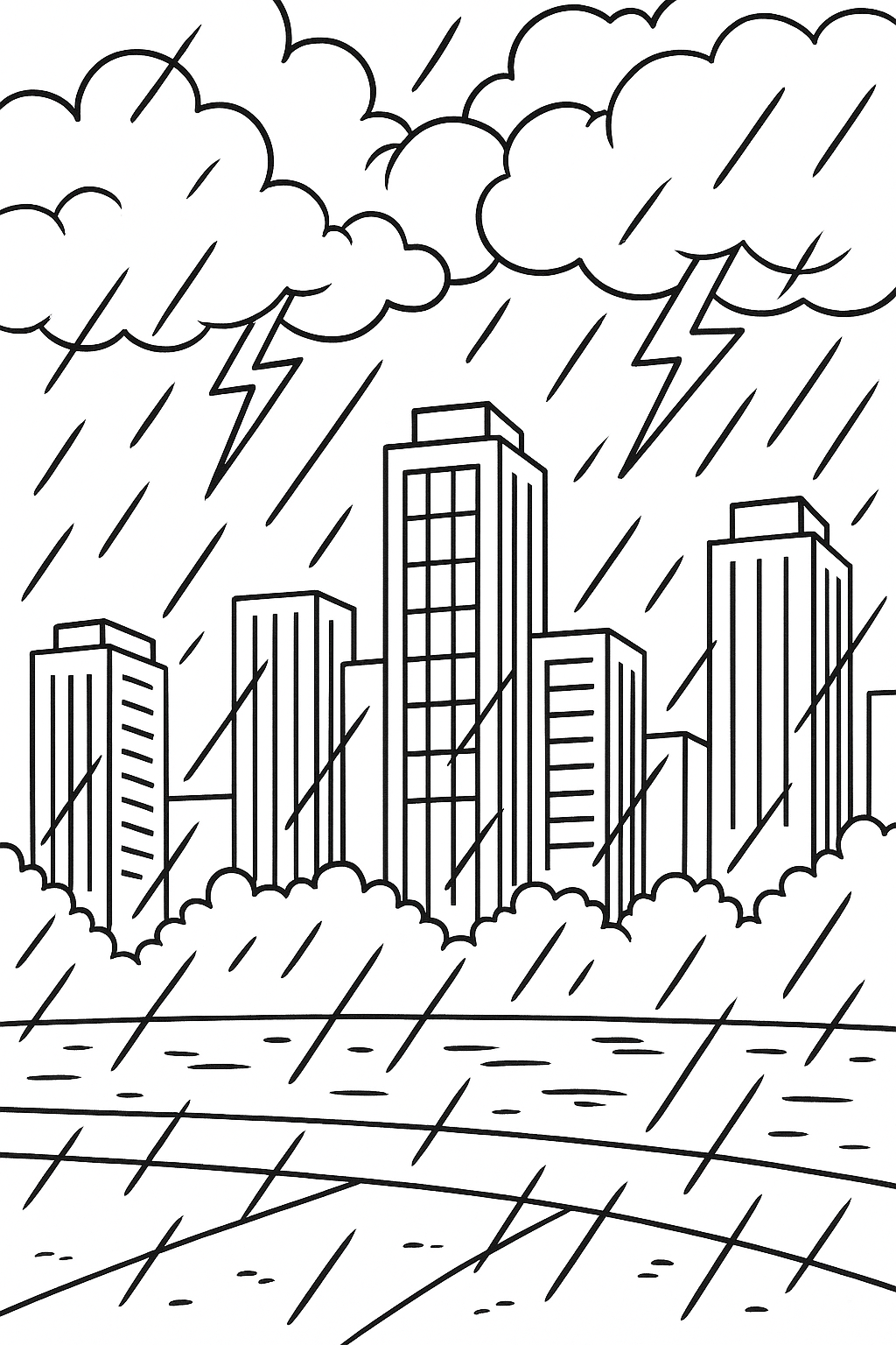 Coloring page with a rainy city skyline.