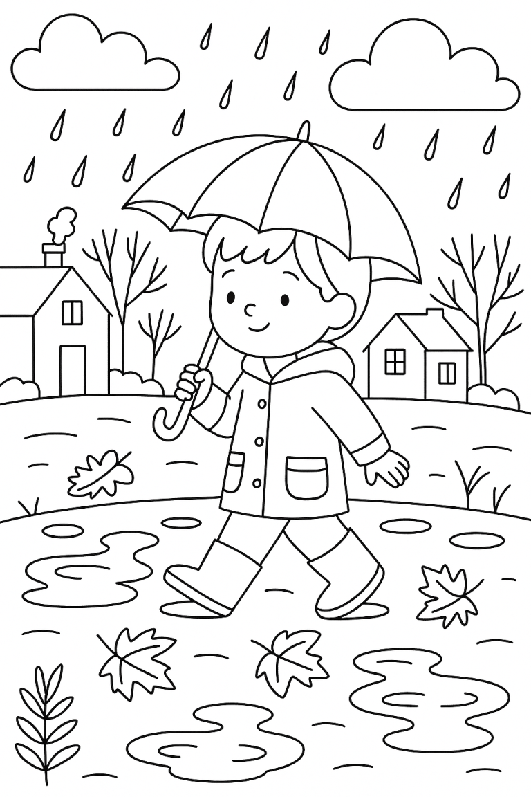 Child walking in rain with umbrella coloring page
