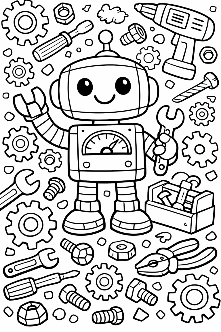 Robot coloring page with tools and gears