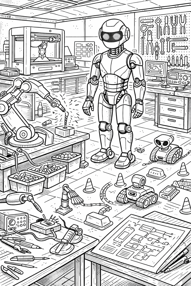 Robot coloring page in a workshop setting