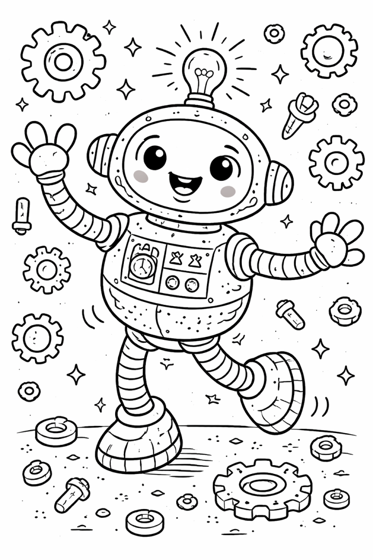 Cheerful robot coloring page with gears