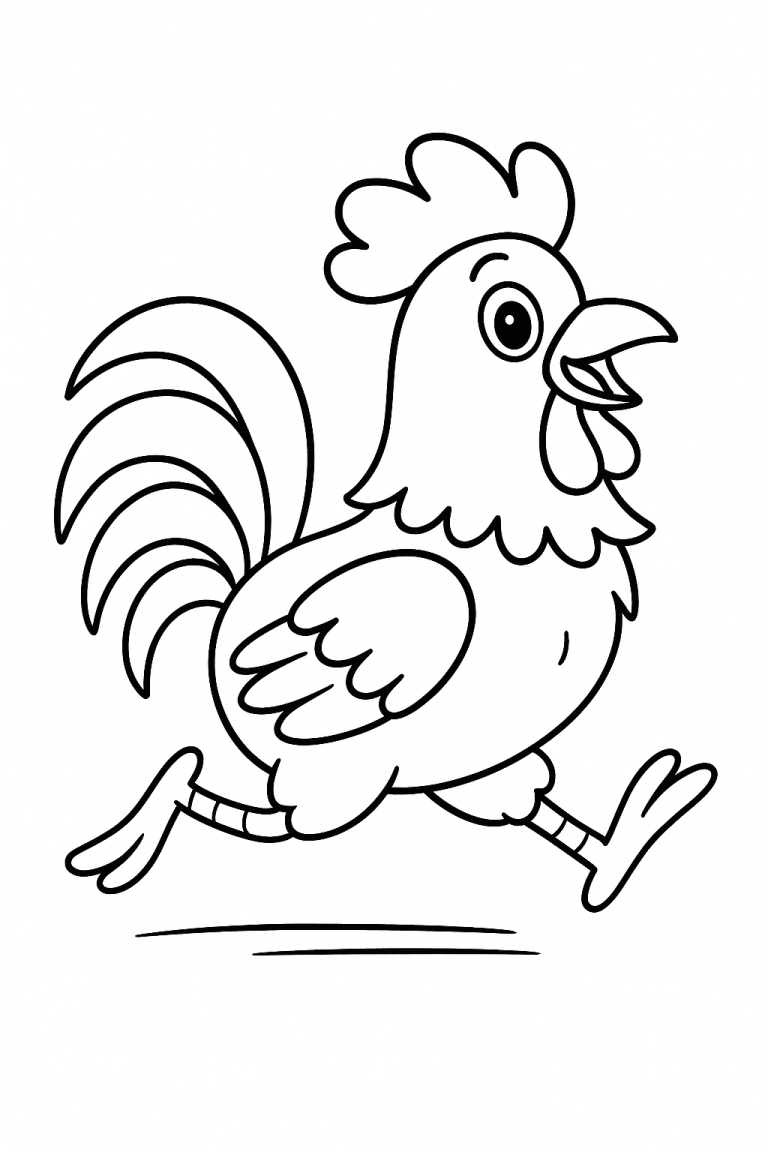 Running rooster coloring page for children