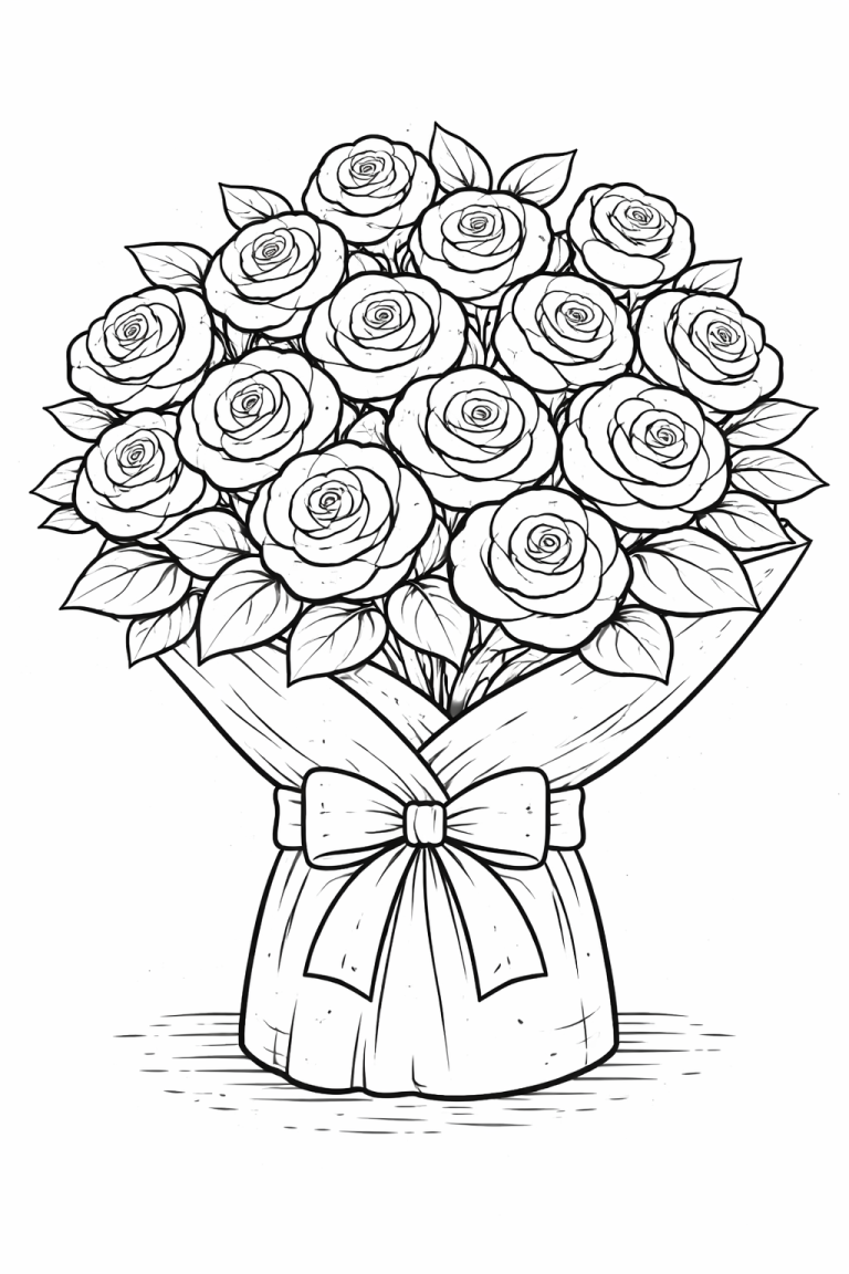 Rose bouquet coloring page with bow