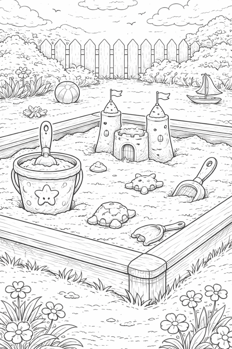 Children's coloring page featuring a sandbox with sandcastle, bucket, and toys.