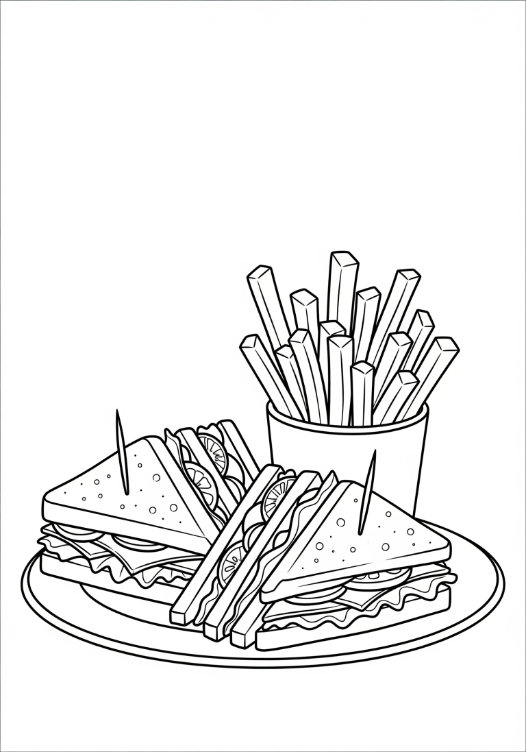 Sandwich and fries coloring page for kids