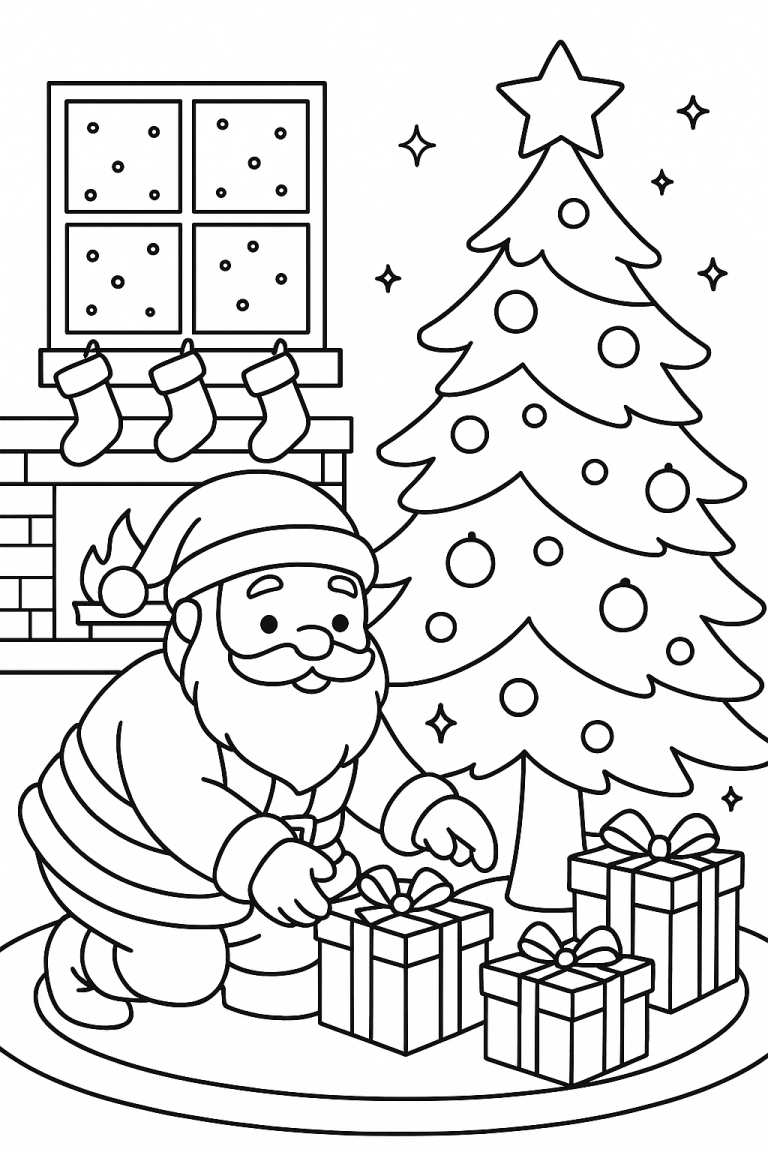 Santa Claus with gifts and Christmas tree coloring page