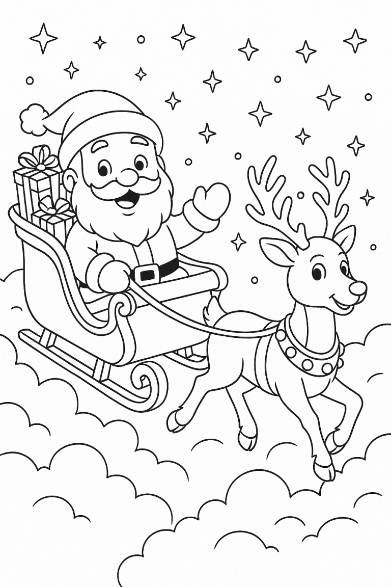 Santa Claus in a sleigh with a reindeer coloring page