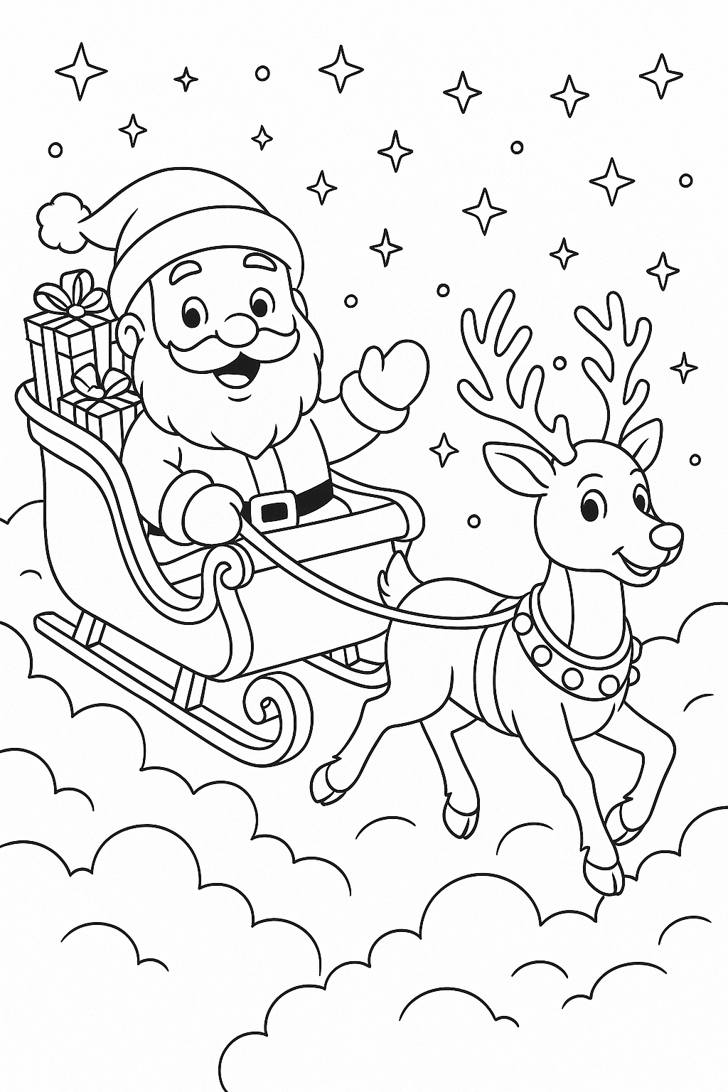 Santa Claus in a sleigh with a reindeer coloring page