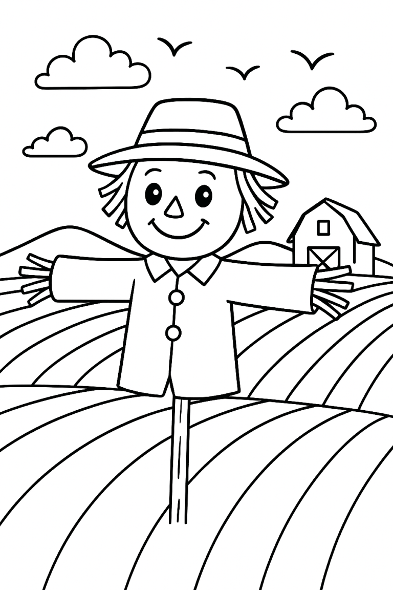 Scarecrow in a field coloring page