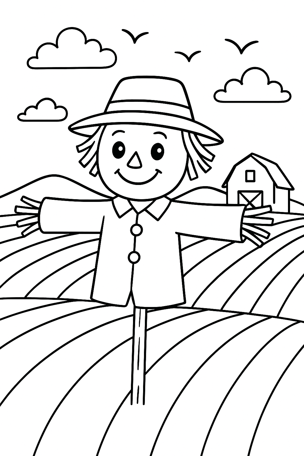Scarecrow in a field coloring page