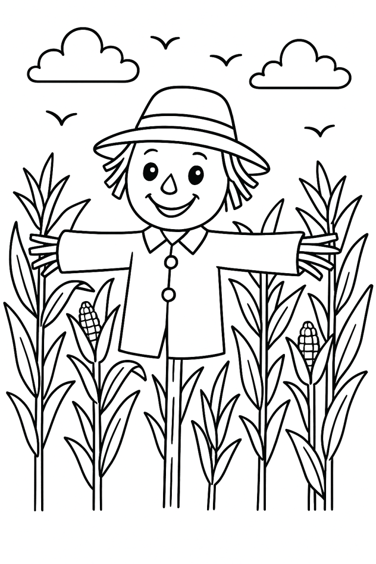 A cheerful scarecrow in a cornfield with clouds and birds.
