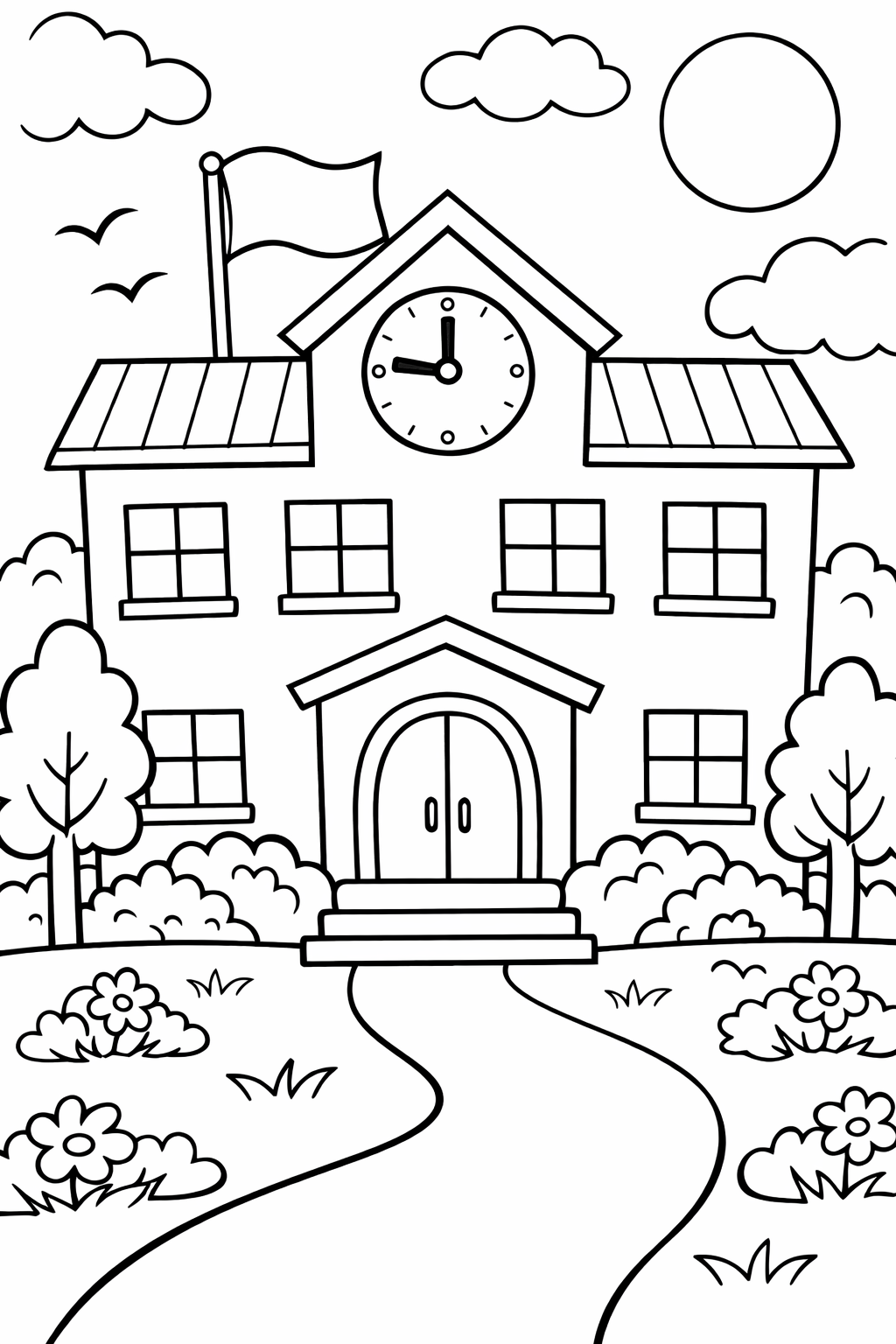 School building with clock coloring page