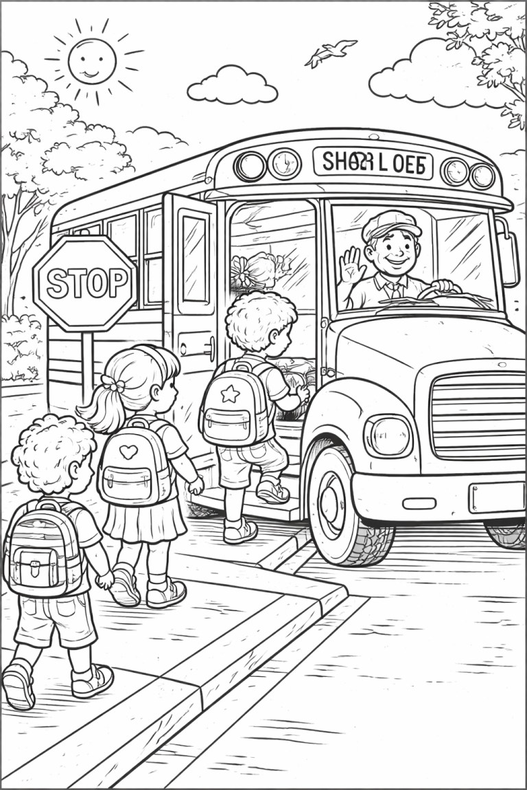 Children boarding a school bus coloring page
