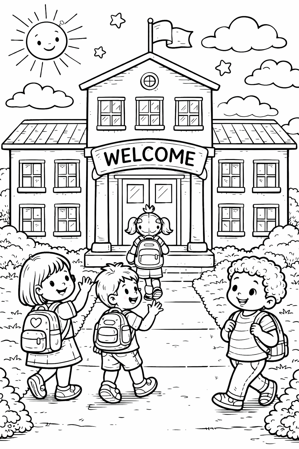 Children walking to school coloring page