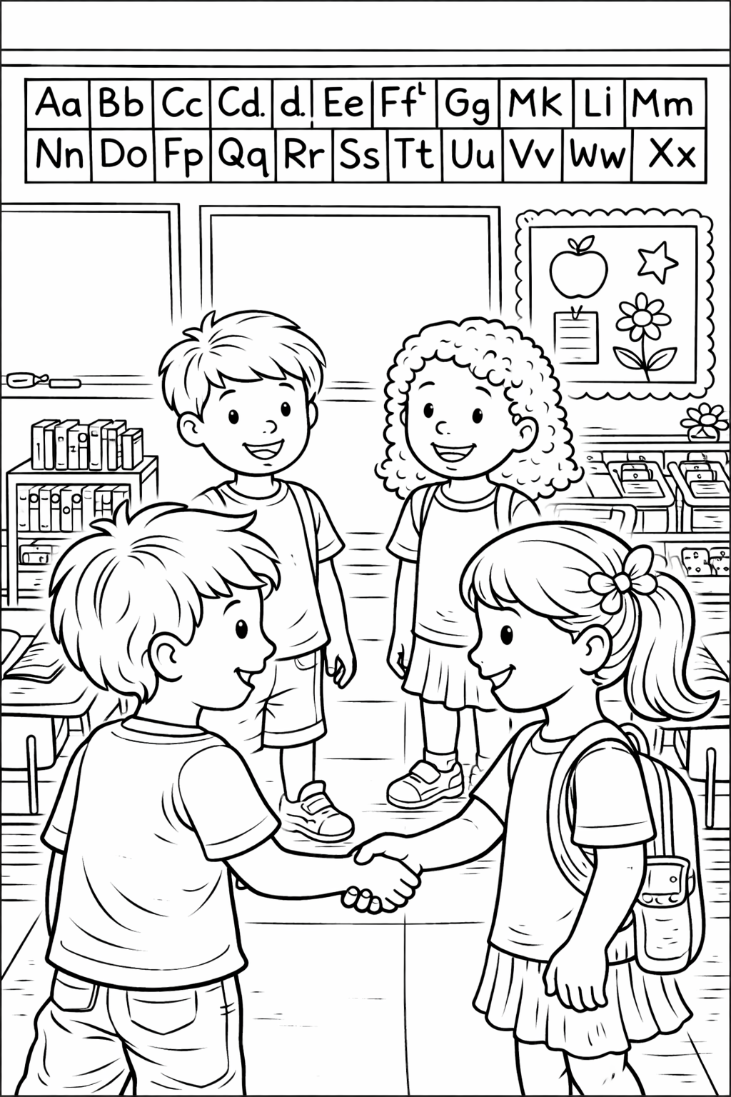 Children interacting in a classroom coloring page