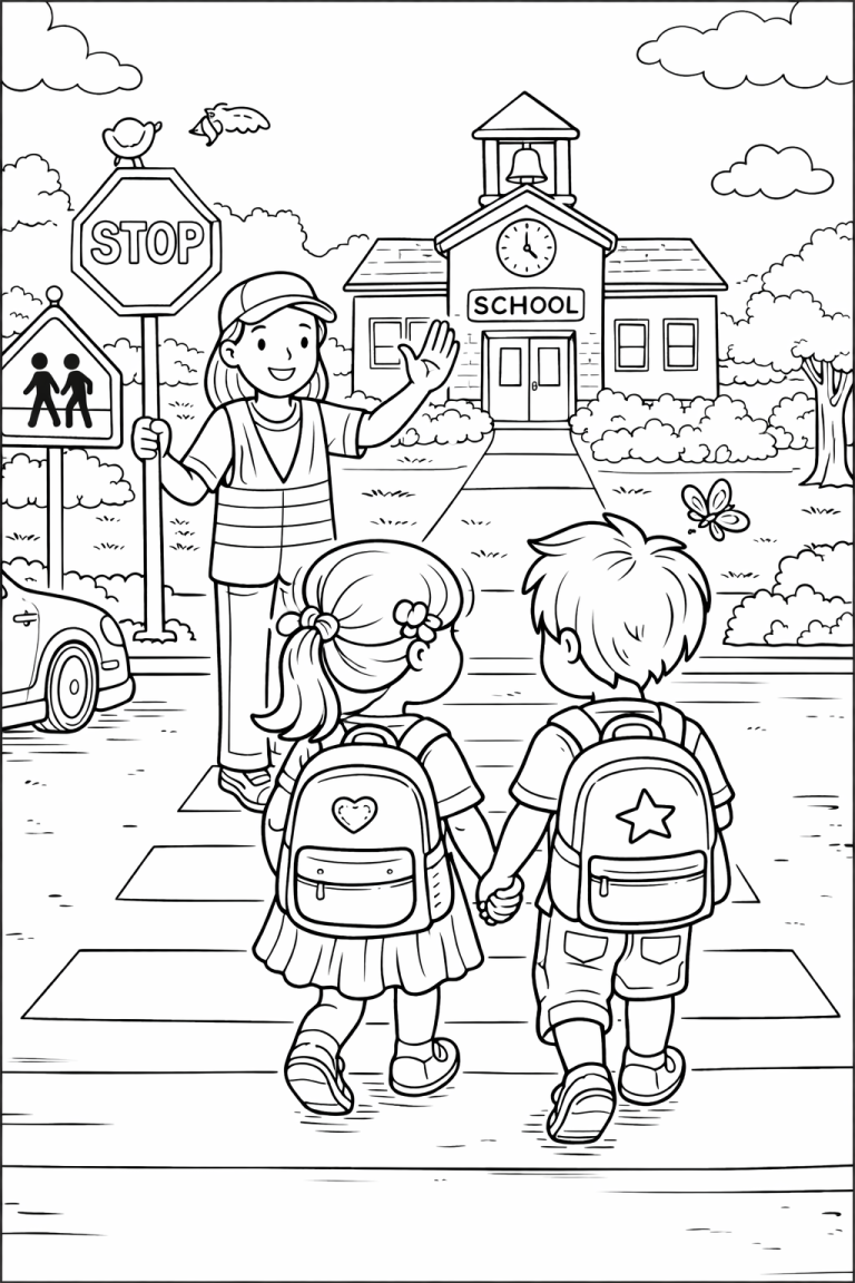 Children crossing with a guard at school crosswalk