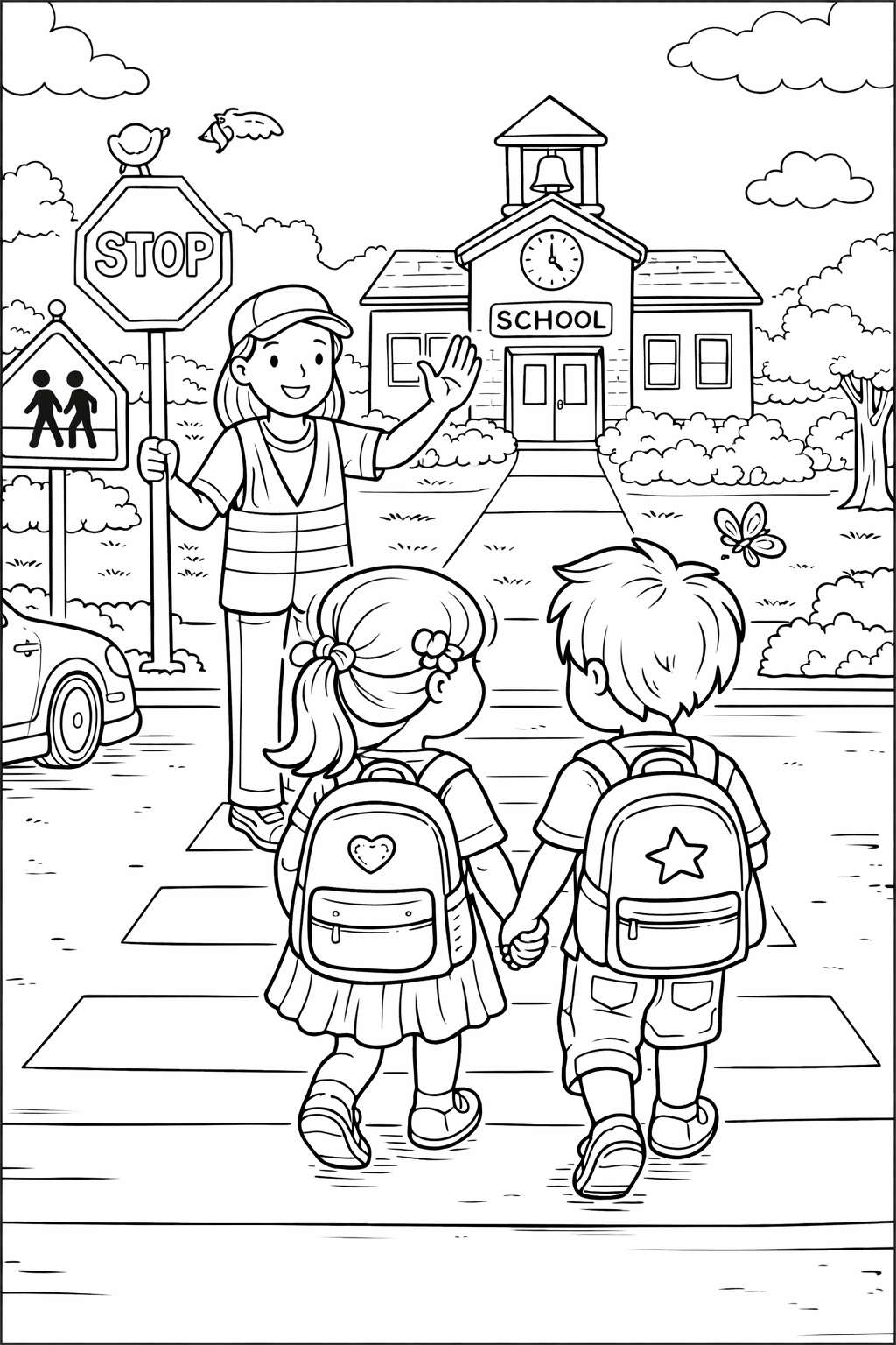 Children crossing with a guard at school crosswalk