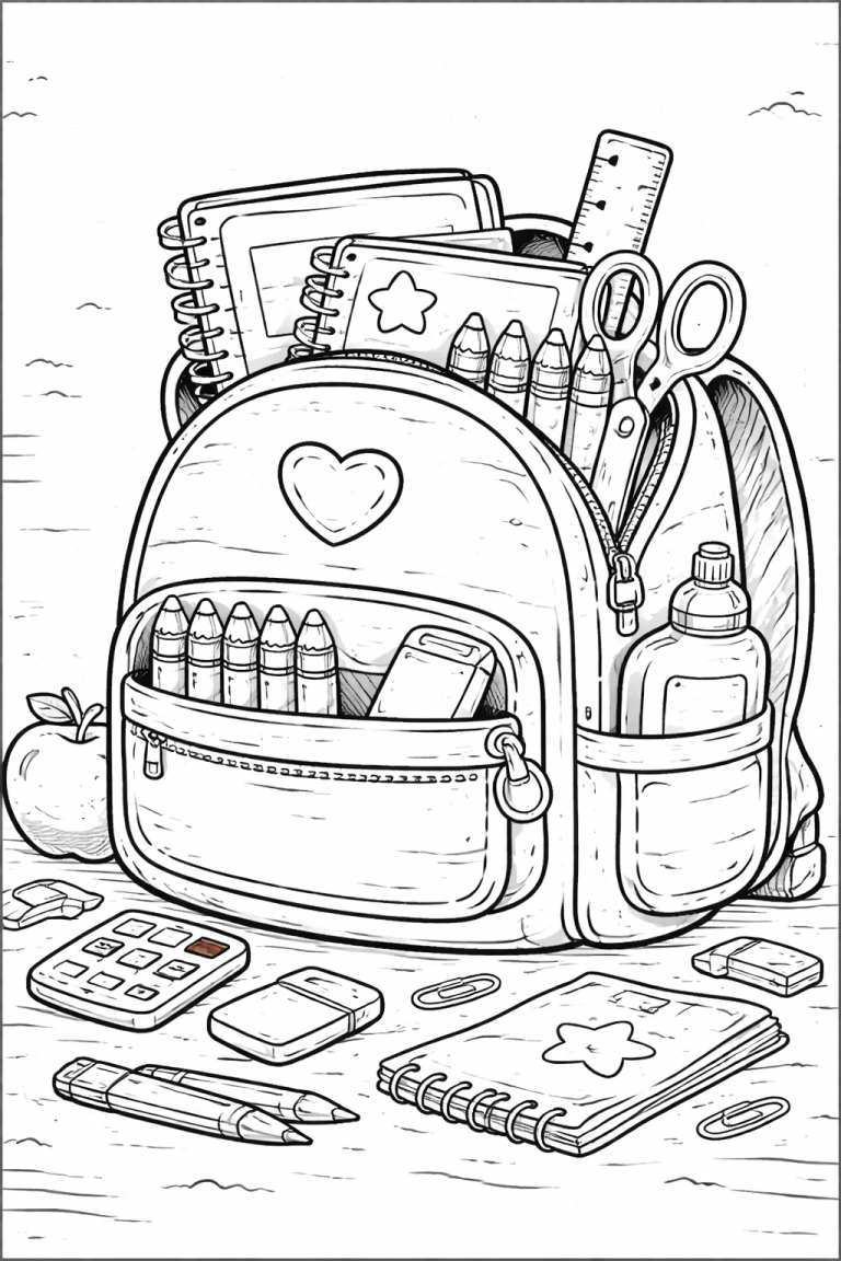 Coloring page with school supplies and a backpack