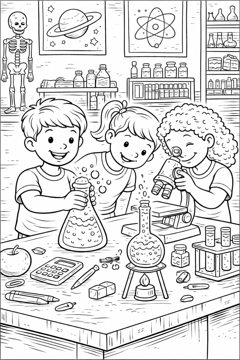 Children in a science lab with flasks and microscope