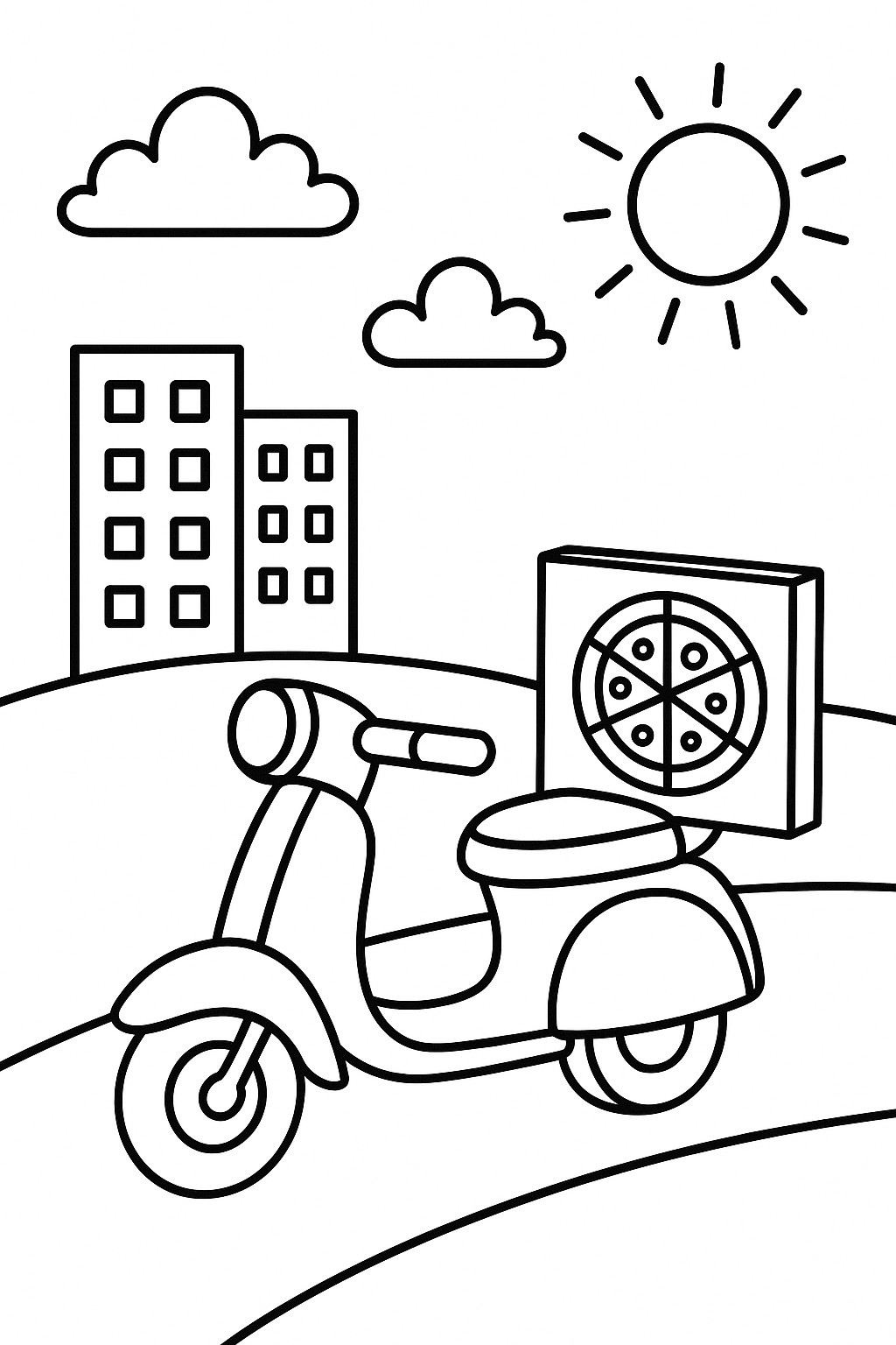 Children's coloring page of a scooter with buildings and sun