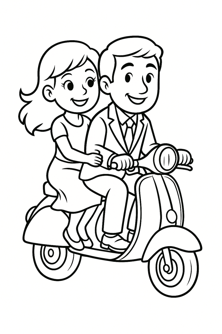 A man and woman happily riding a scooter in a coloring page
