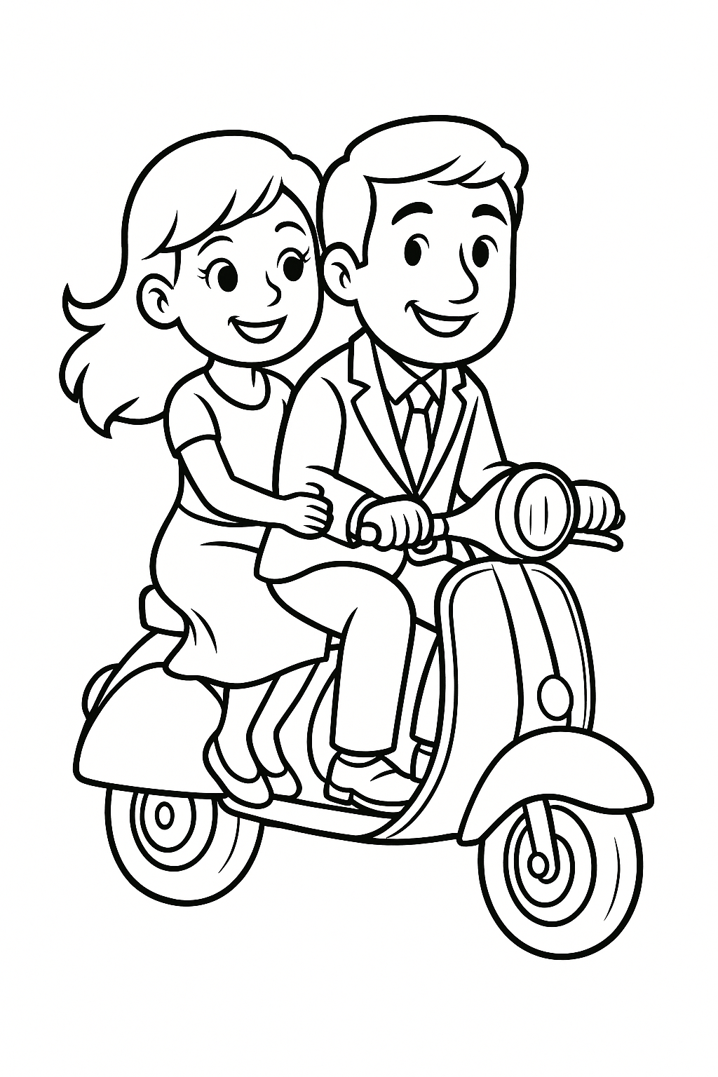 A man and woman happily riding a scooter in a coloring page