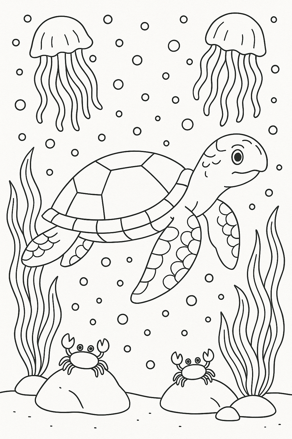 Coloring page with a sea turtle, jellyfish, and crabs