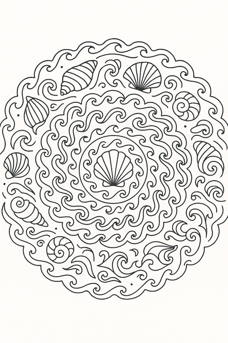 Seashell mandala coloring page with ocean theme
