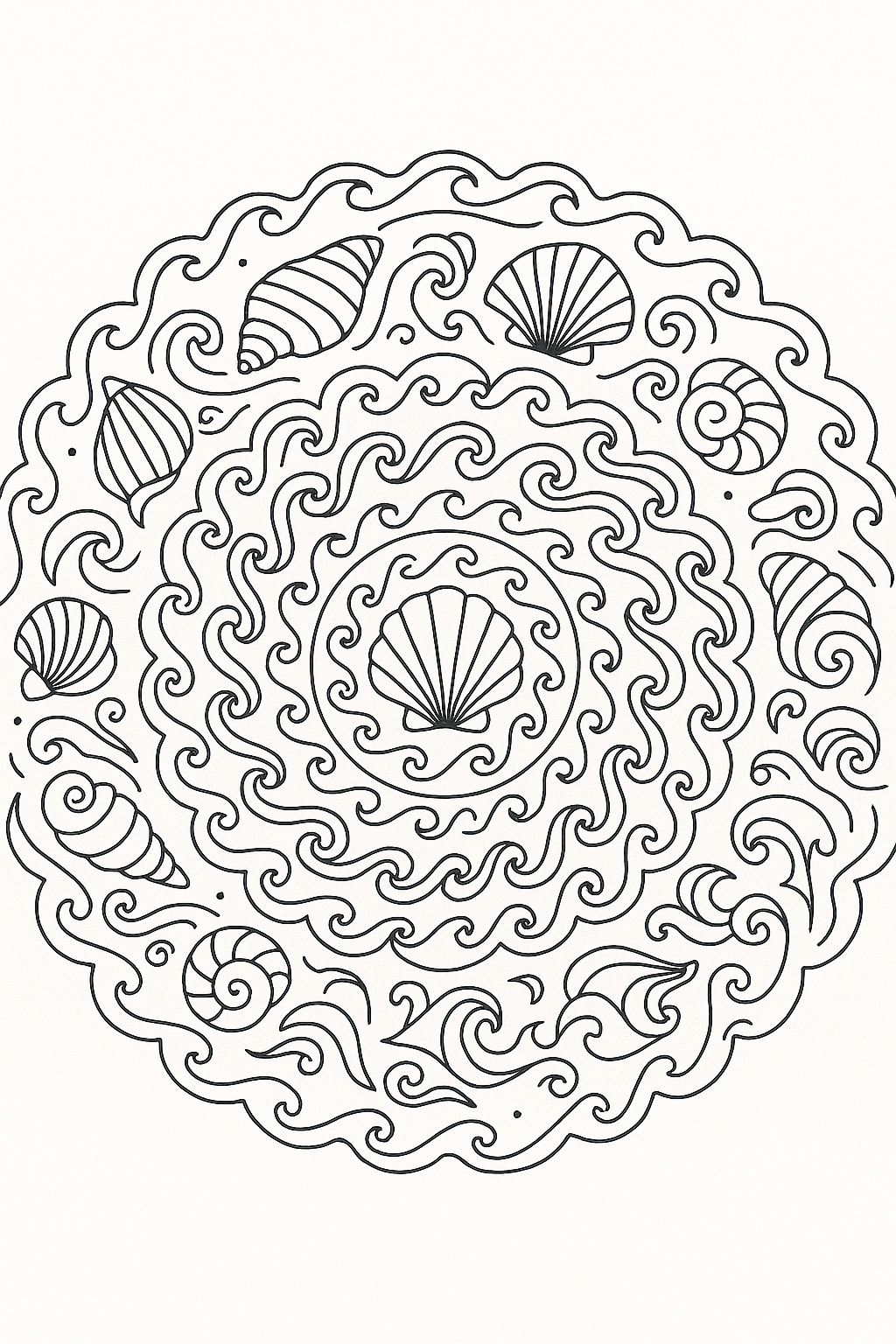 Seashell mandala coloring page with ocean theme
