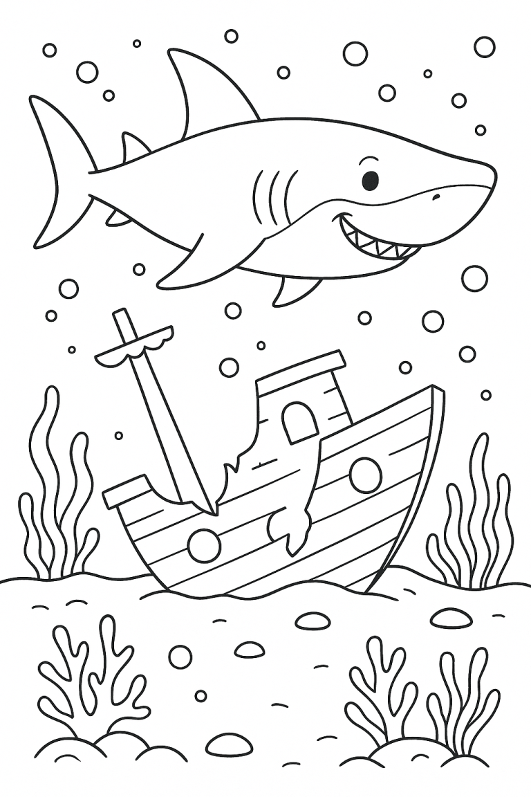 Shark swimming above a sunken ship coloring page