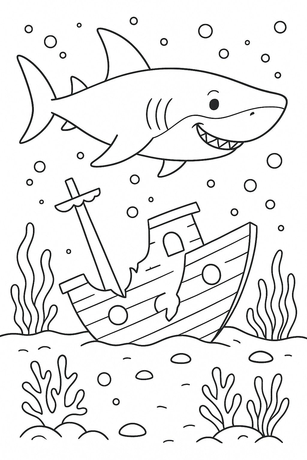 Shark swimming above a sunken ship coloring page