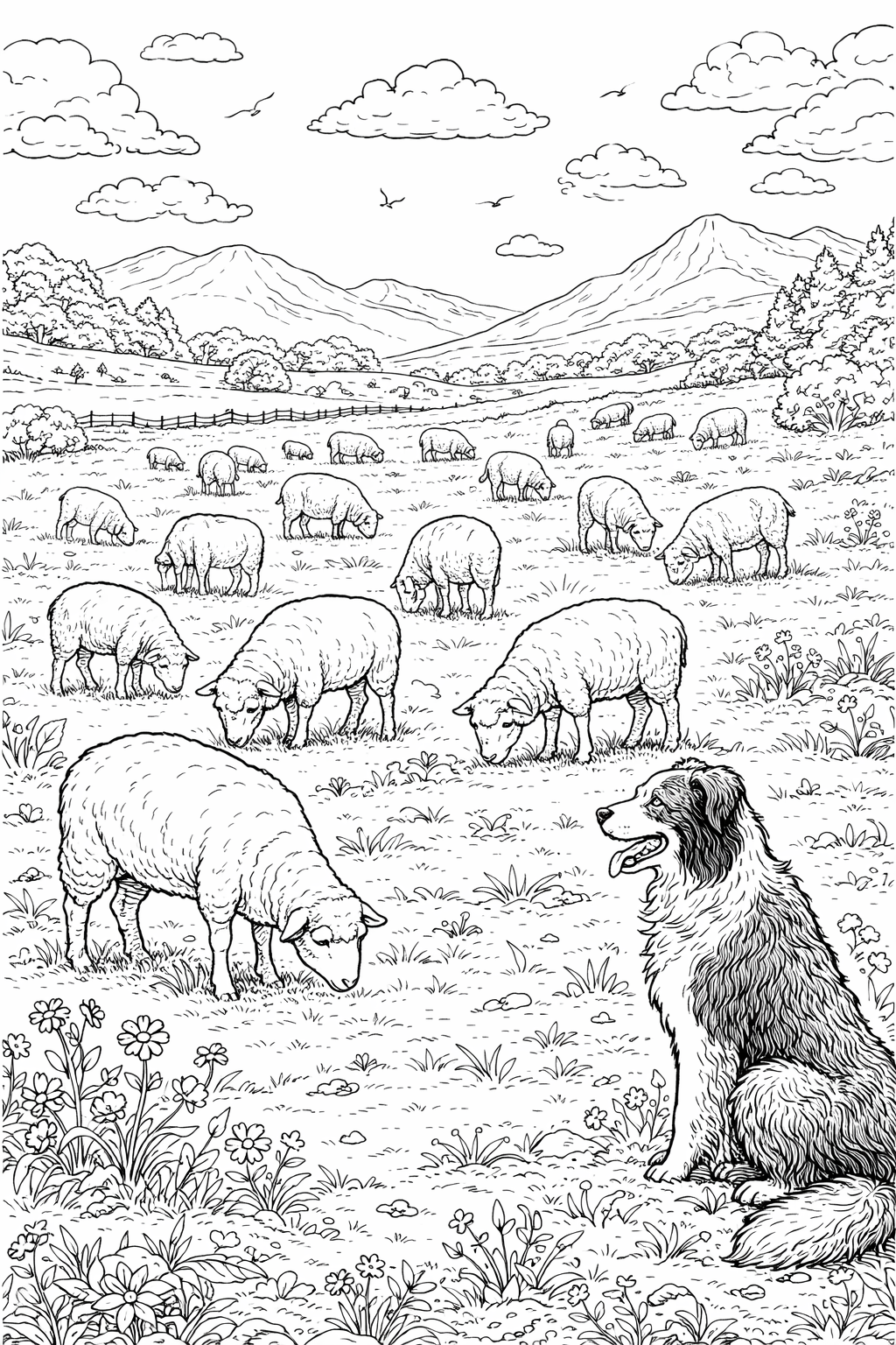 Sheep grazing with a dog in a farm setting