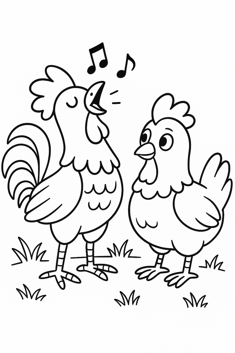 Coloring page of a singing rooster and hen