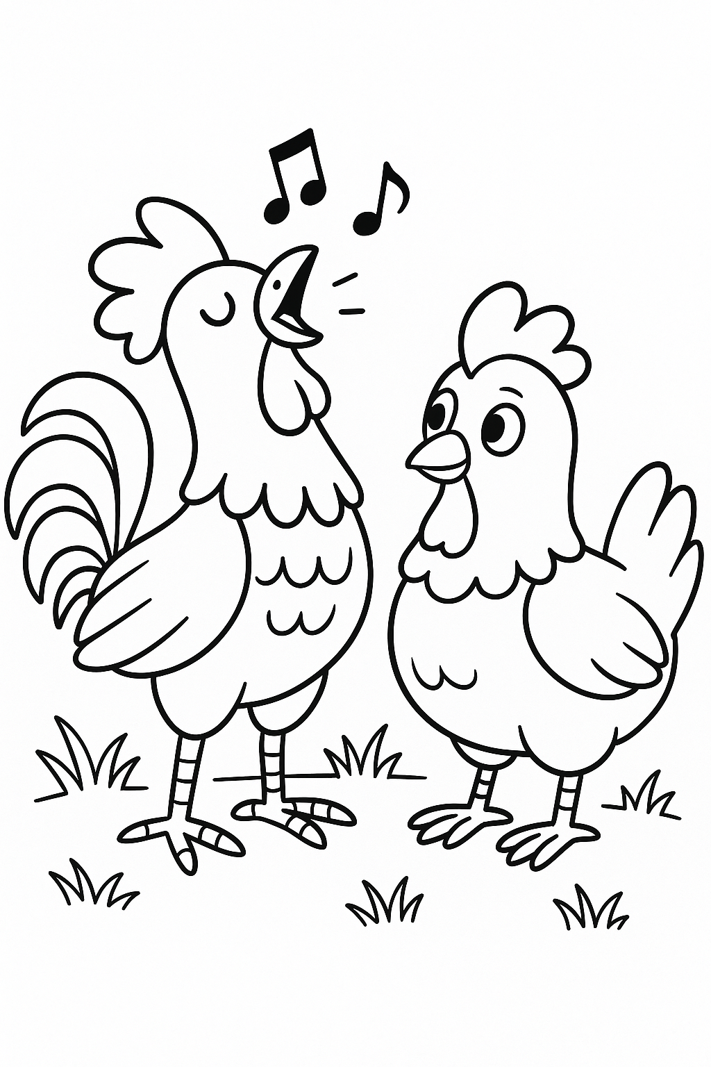 Coloring page of a singing rooster and hen