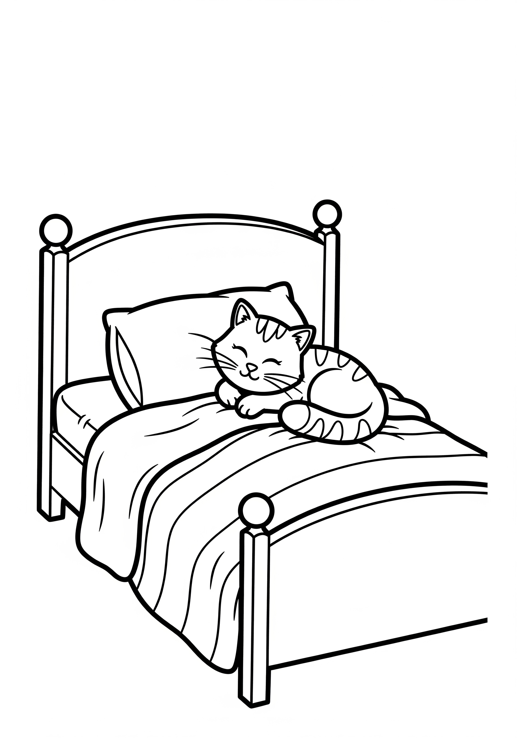 Line drawing of a cat sleeping on a bed