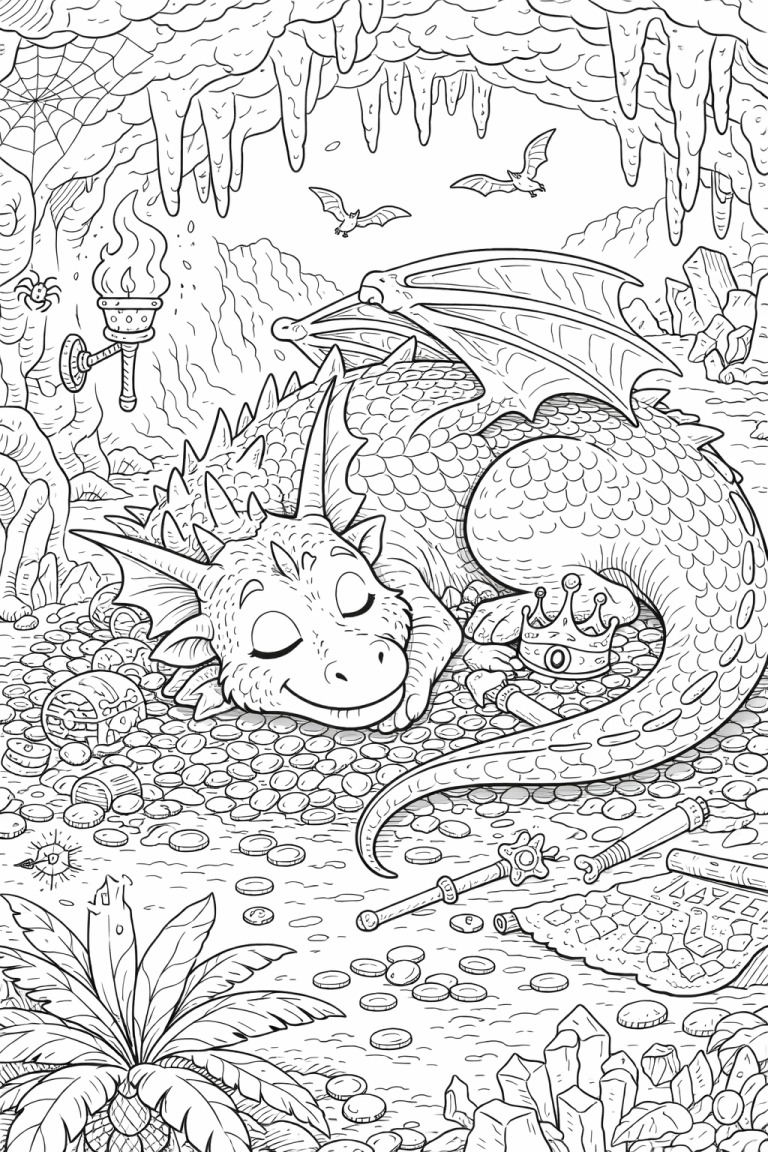 A coloring page depicting a sleeping dragon in a cave.