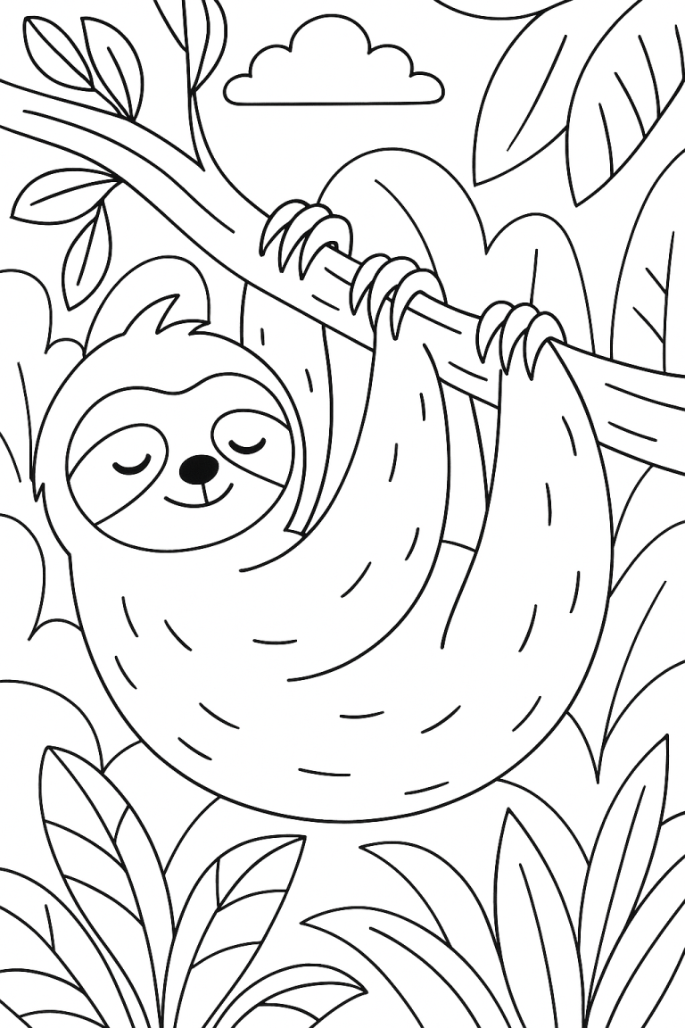 A sloth hanging from a tree branch in a jungle coloring page.