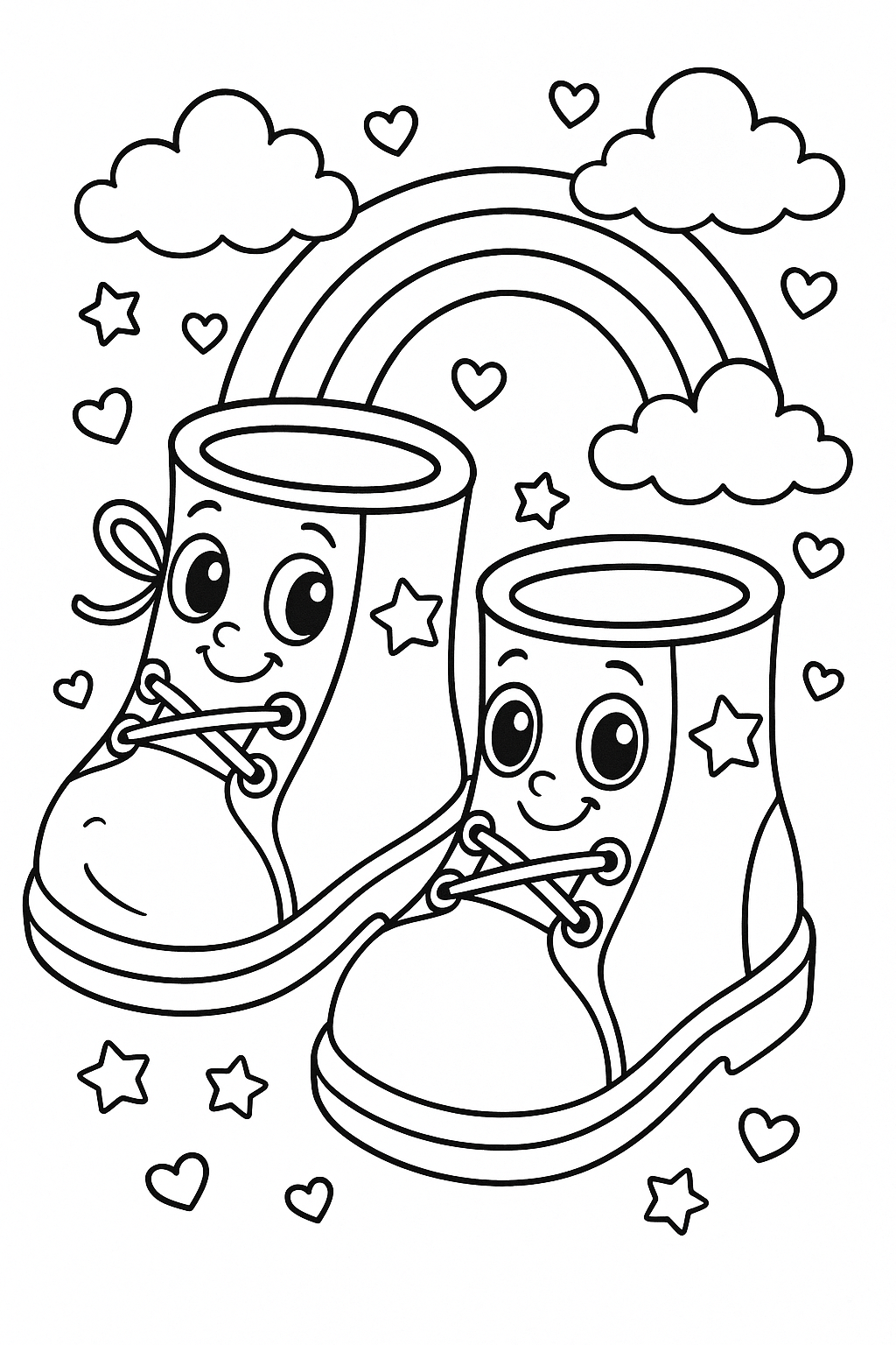 Coloring page of smiling shoes and rainbows.