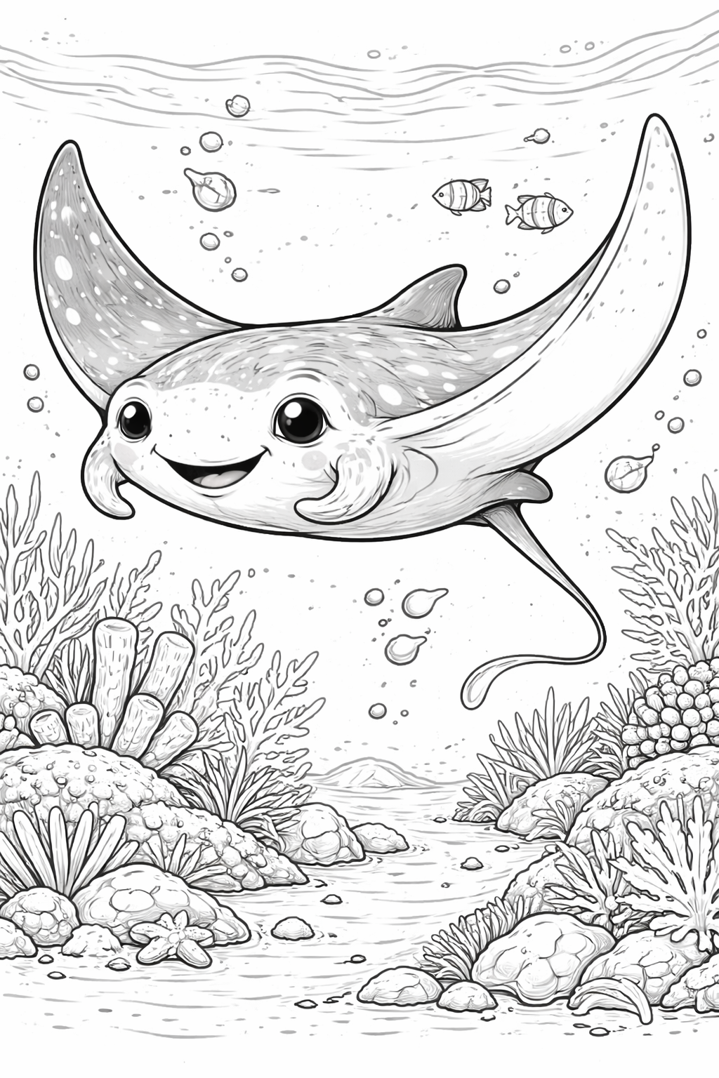 Smiling stingray swimming with corals and fish