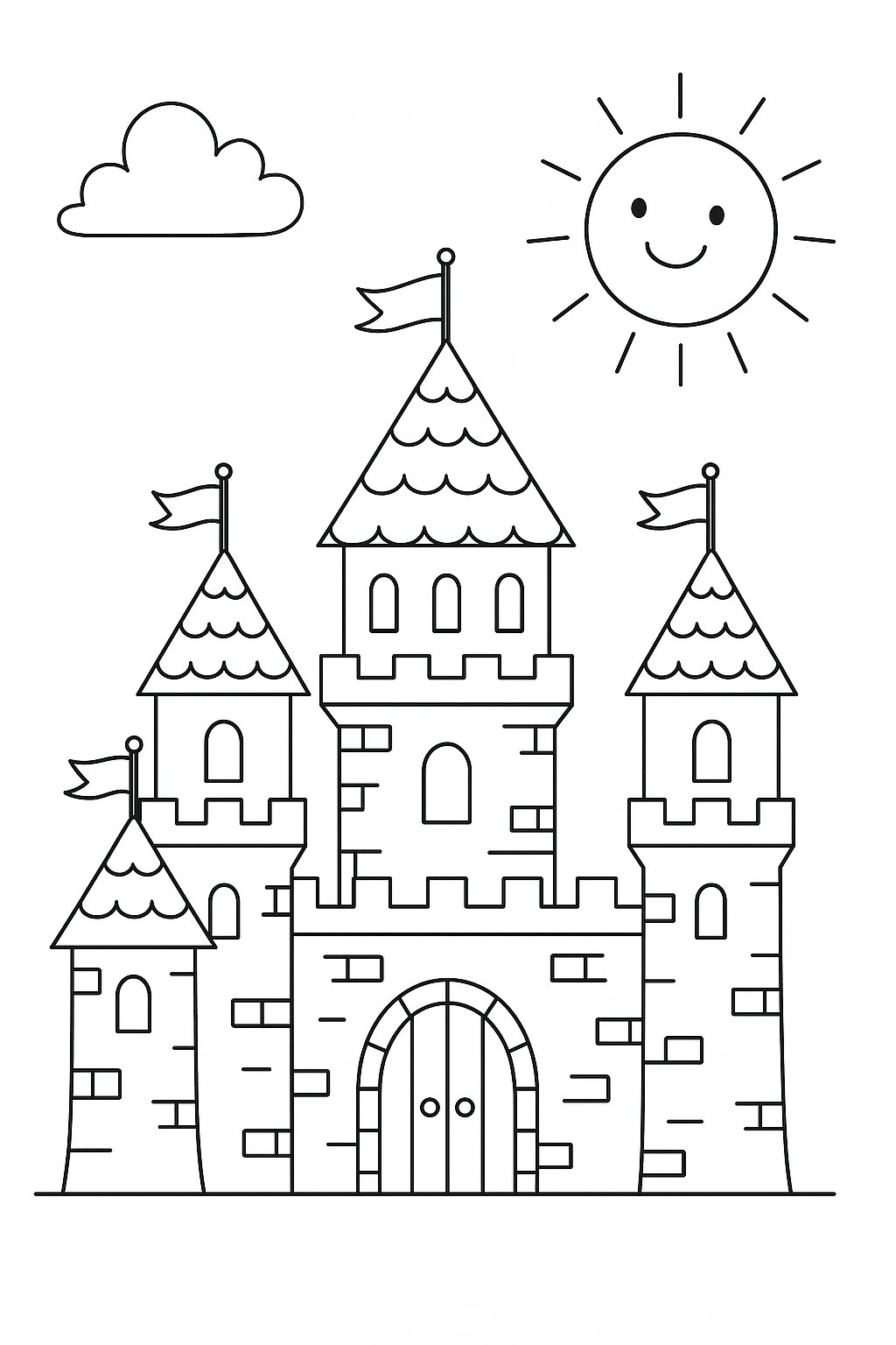 Children's coloring page with a castle and smiling sun