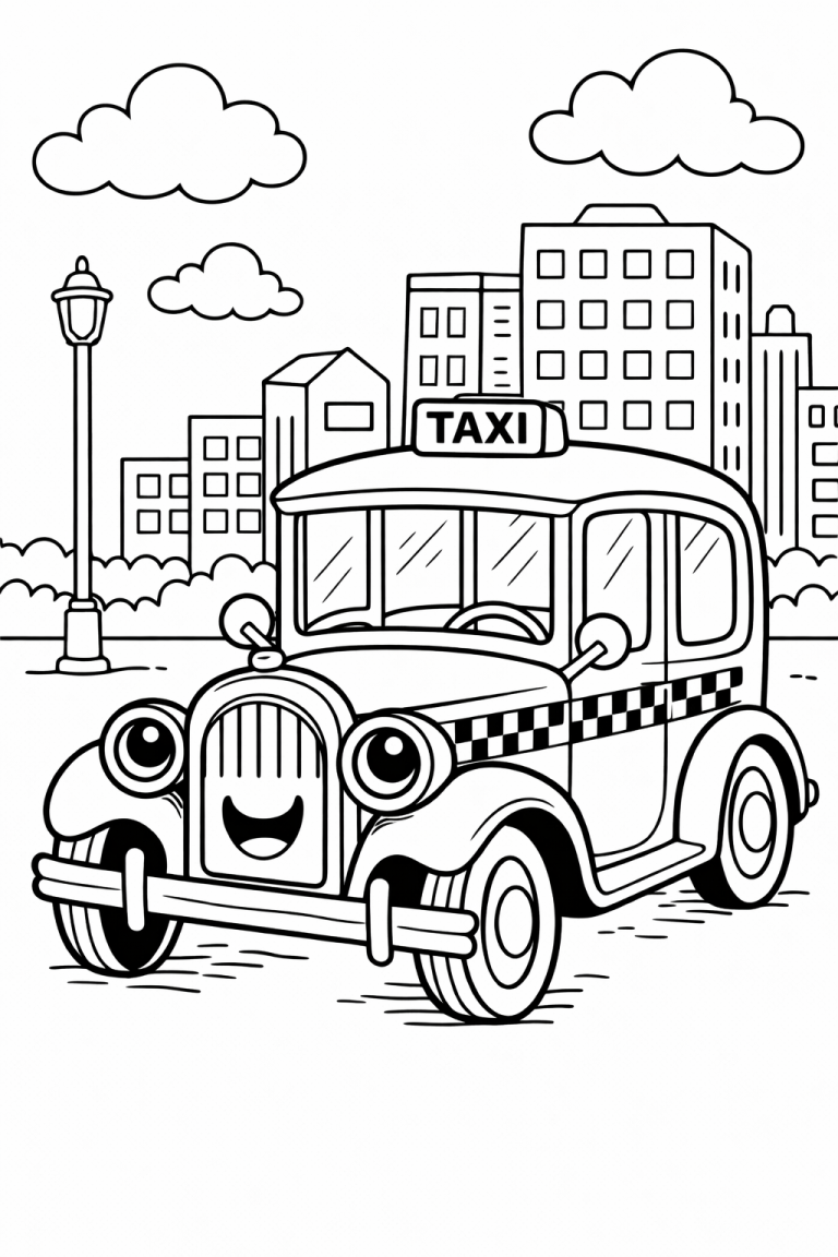 Coloring page of a smiling vintage taxi in a city