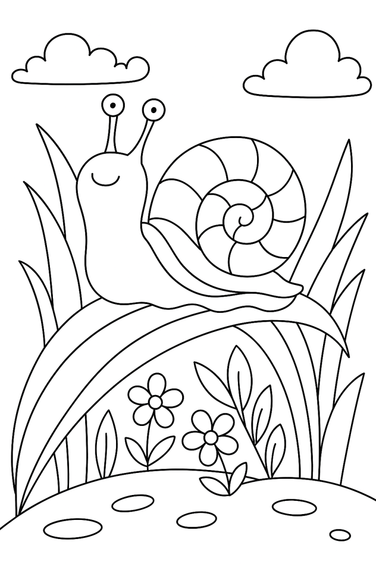 A fun snail coloring page with a smiling snail