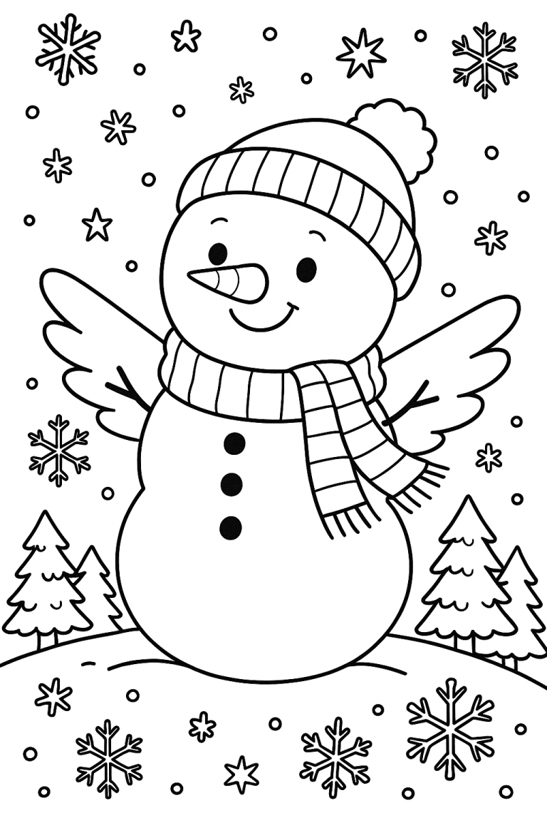 Snowman coloring page with snowflakes and trees