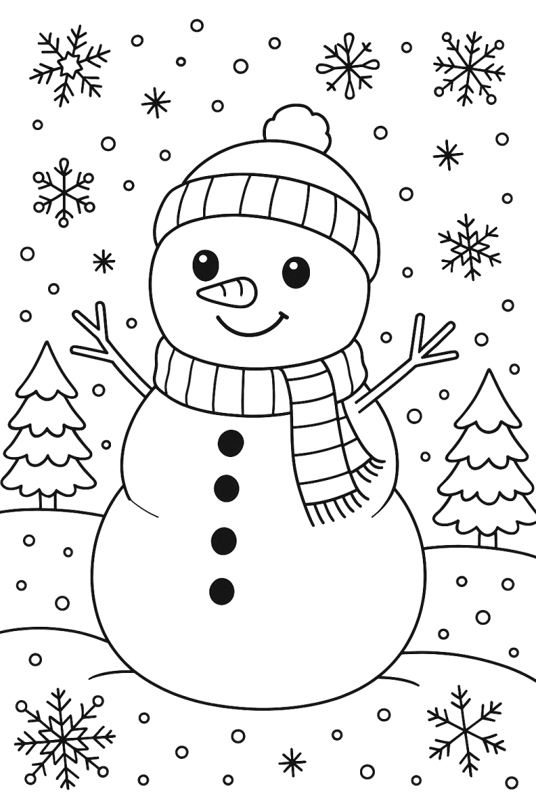 Snowman coloring page with snowflakes and trees