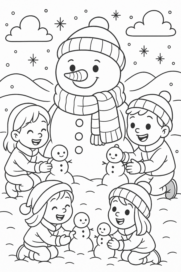 Children building snowmen with a large snowman in the background.