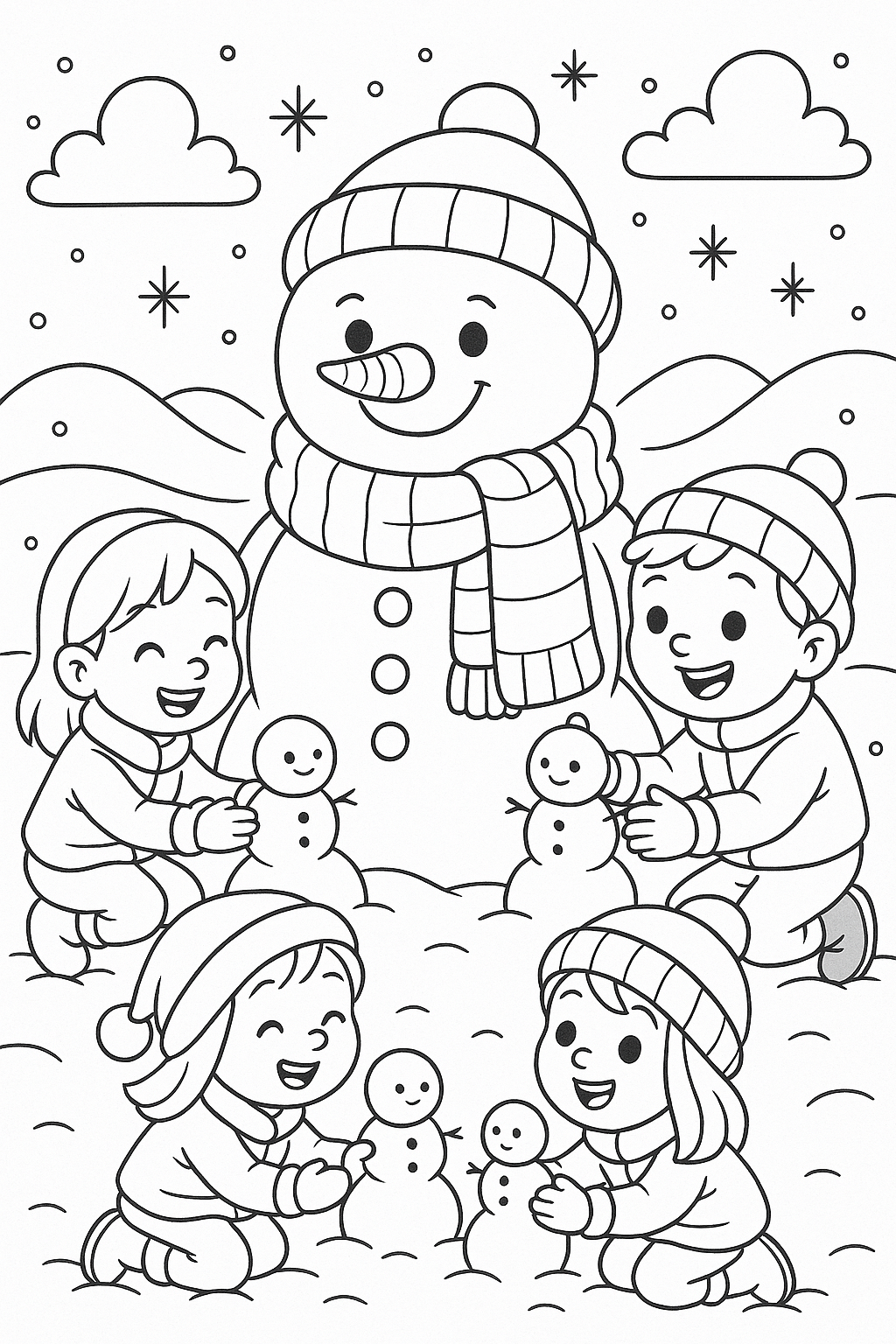 Children building snowmen with a large snowman in the background.