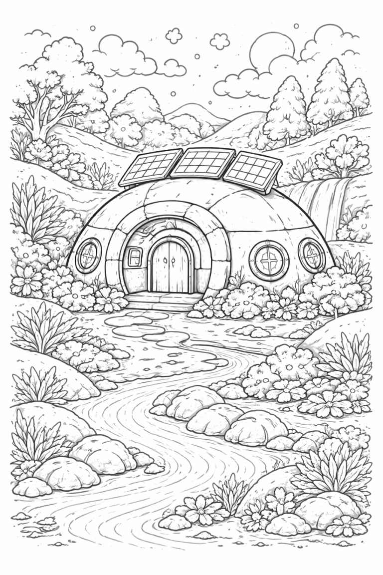 Coloring page of a solar dome house in a scenic landscape