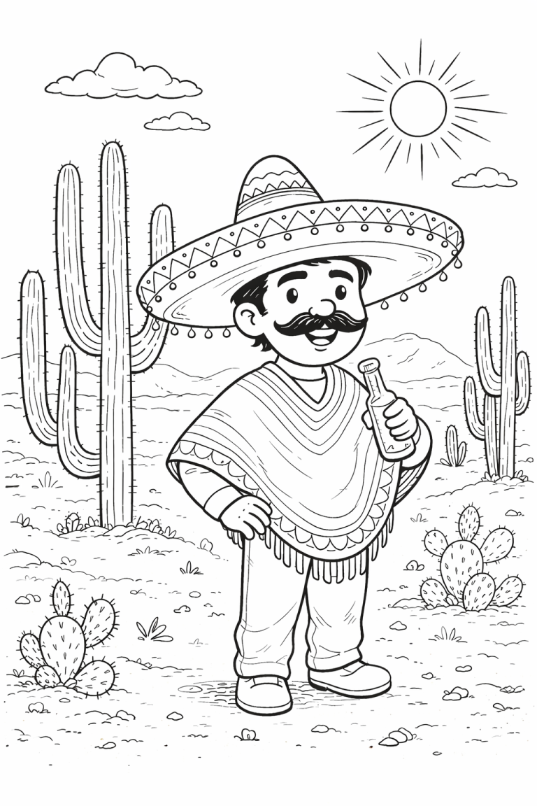 Coloring page of a man in sombrero in desert