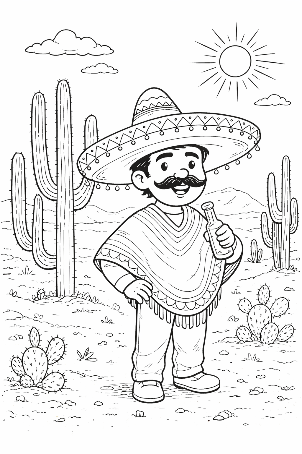 Coloring page of a man in sombrero in desert