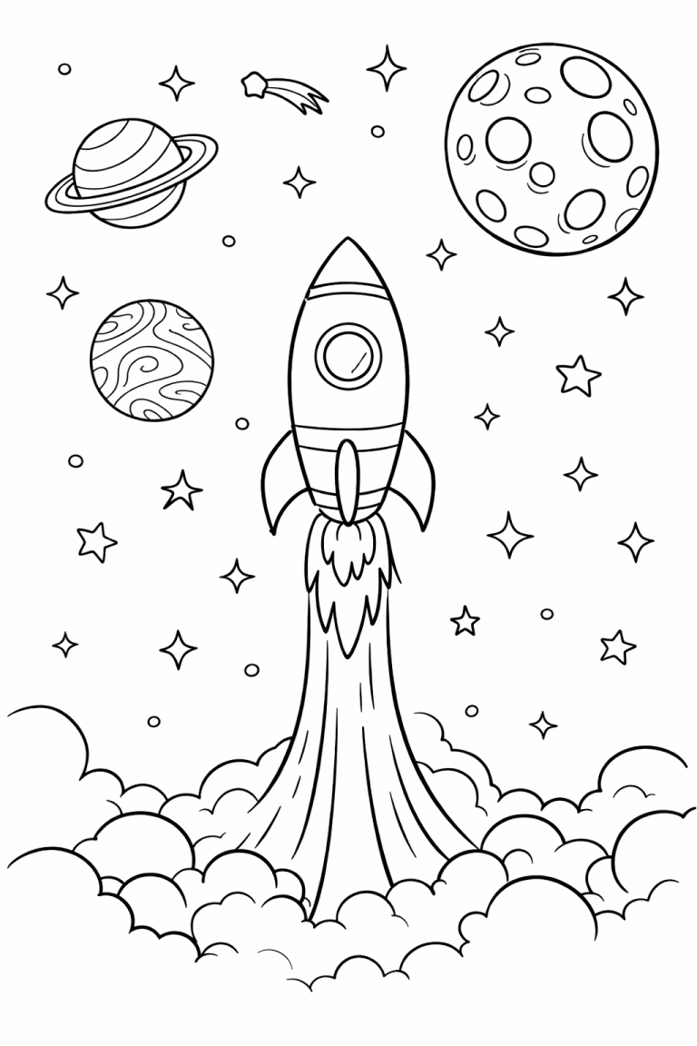 Rocket ship blasting off in space with planets and stars